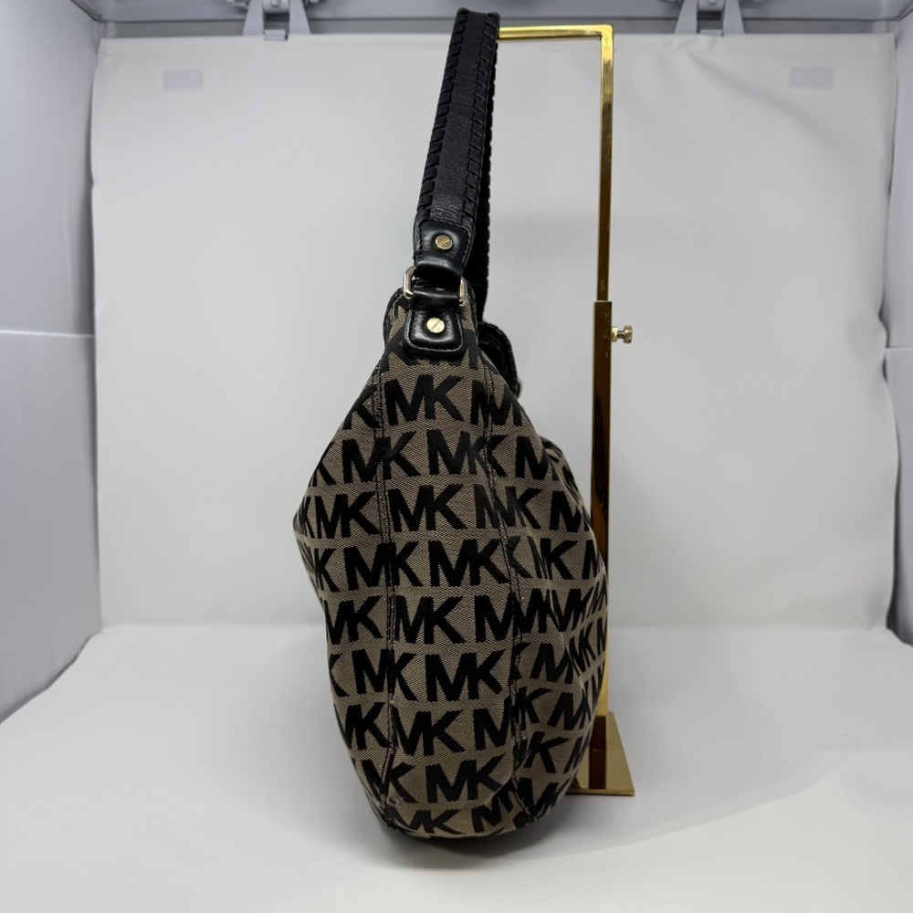 Michael Kors MK Logo Jacquard Hobo Shoulder Bag Black Tan Tassel Charm - Picture 9 of 16